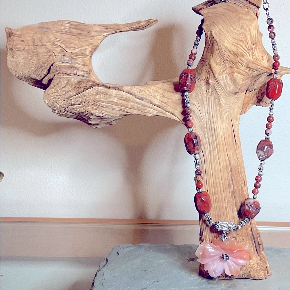 Lovely Red Jasper Stone and Carnelian Floral Necklace, 925 Bail